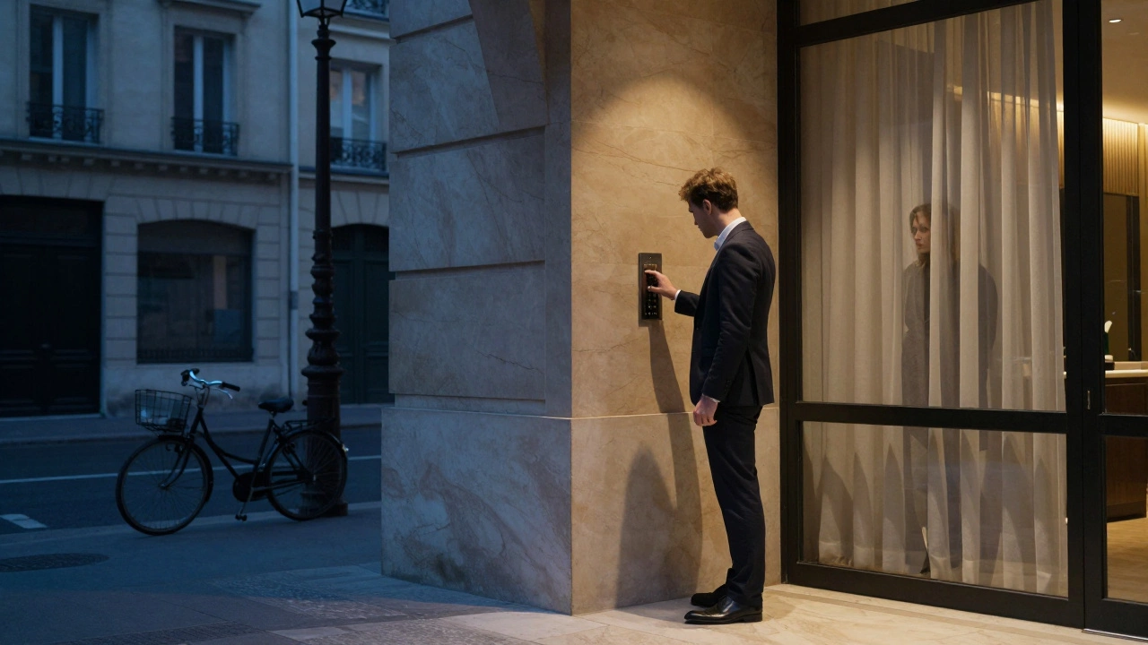 A man hesitates at the entrance of a discreet Paris building at dusk, watched silently from above.