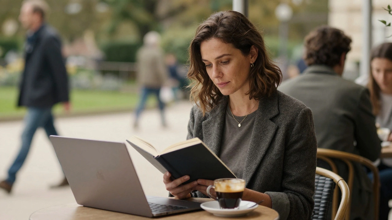 A woman reads peacefully at a café in Luxembourg Gardens, surrounded by the quiet bustle of Paris.