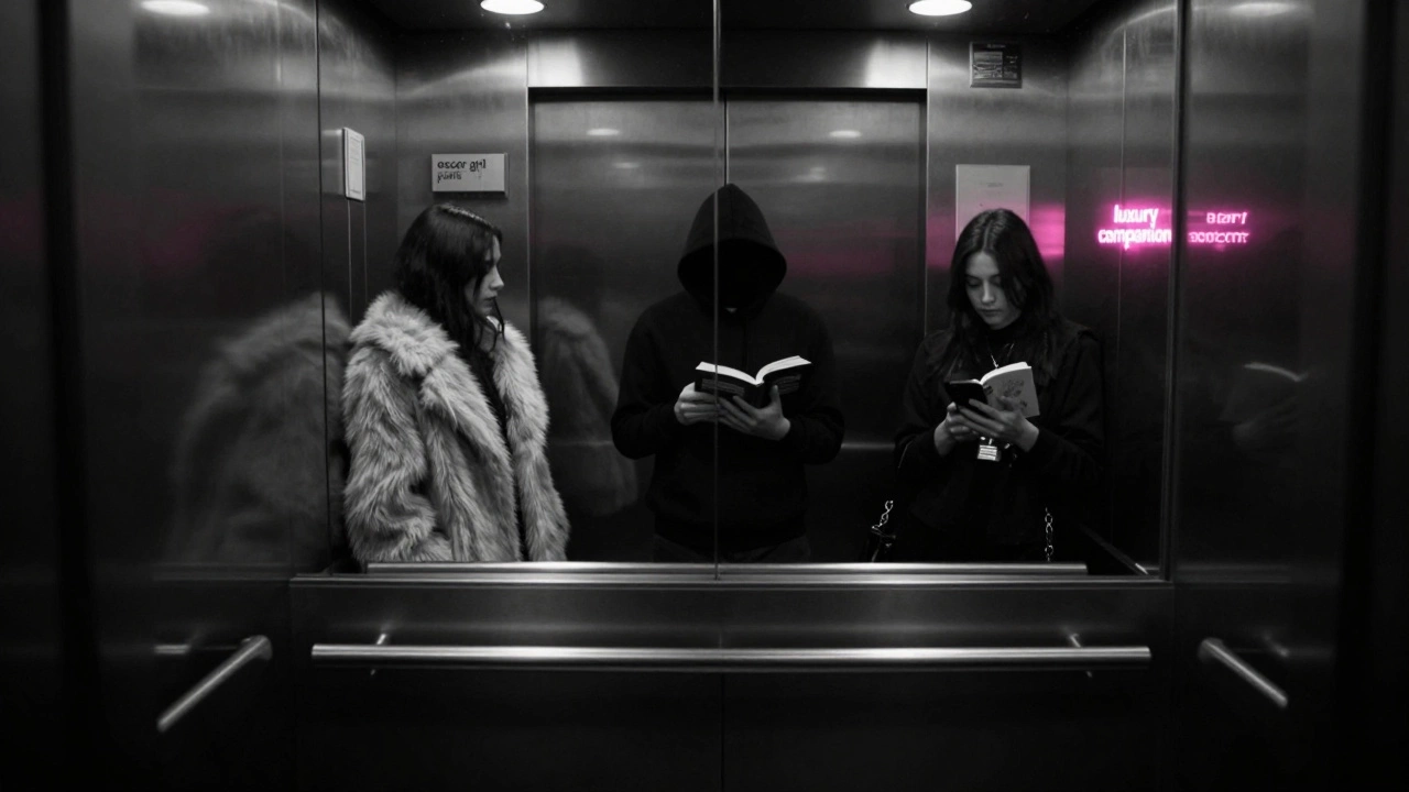 An empty Paris elevator with infinite reflections of a woman, her face obscured, neon escort ads glowing faintly outside the doors.