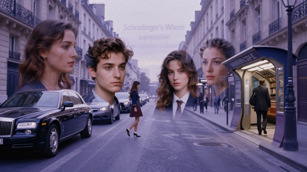 Floating, translucent faces of women in Paris, blending reality and digital images, surrounded by ghostly academic terms in a dark void.